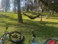 Dwa rowery i hamak w lesie, idealne miejsce na odpoczynek po przejażdżce po trasie rowerowej w Warszawie.