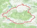 Mapa z zaznaczoną czerwoną trasą rowerową velo czorsztyn, prowadzącą przez Tatry i Niskie Tatry.