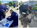 Policjanci przeprowadzają rejestrację rowerów. Na jednym zdjęciu funkcjonariusz spisuje dane, na drugim znakuje rower.