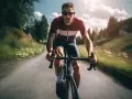 Kolarz w okularach i sportowym stroju pokonuje podjazd. Intensywny split trening na górskiej drodze.