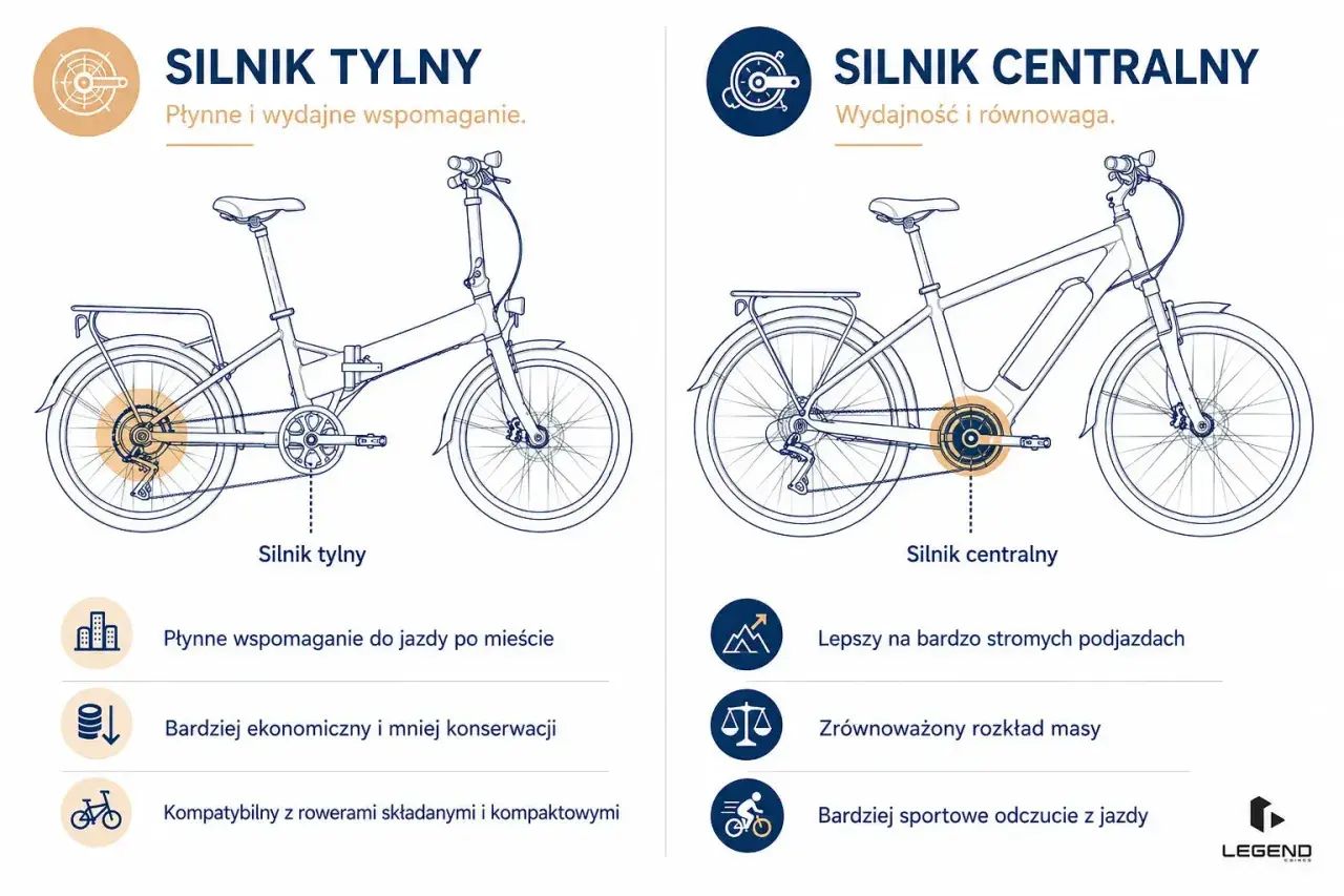 Porównanie dwóch rodzajów rowerów: z silnikiem tylnym (do miasta, ekonomiczny) i centralnym (na podjazdy, sportowy).