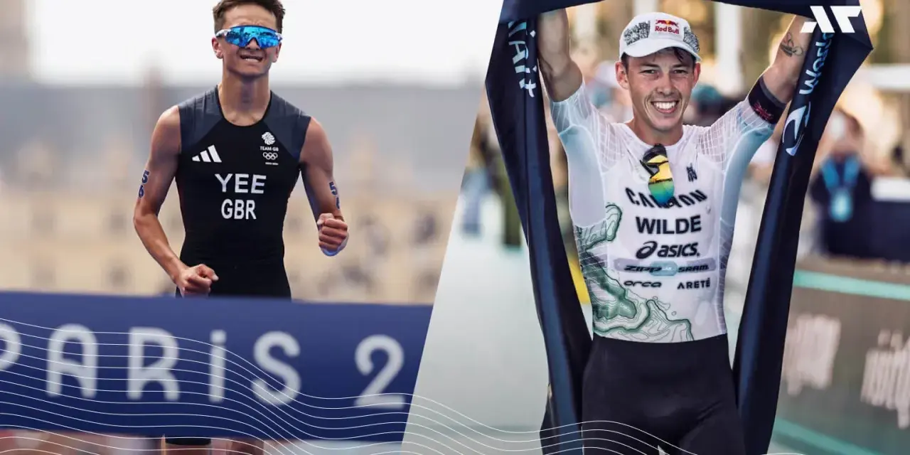 Dwóch zawodników triathlonu, Alex Yee i Hayden Wilde, po pokonaniu trudnego dystansu.