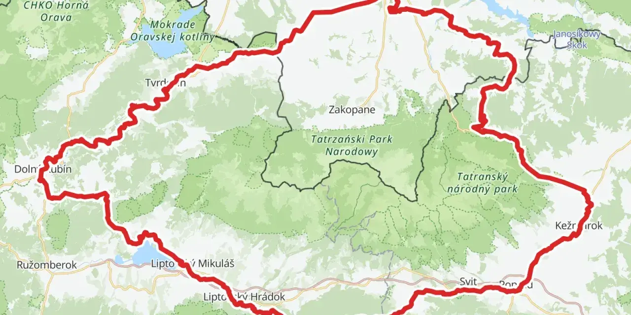 Mapa z zaznaczoną czerwoną trasą rowerową velo czorsztyn, prowadzącą przez Tatry i Niskie Tatry.