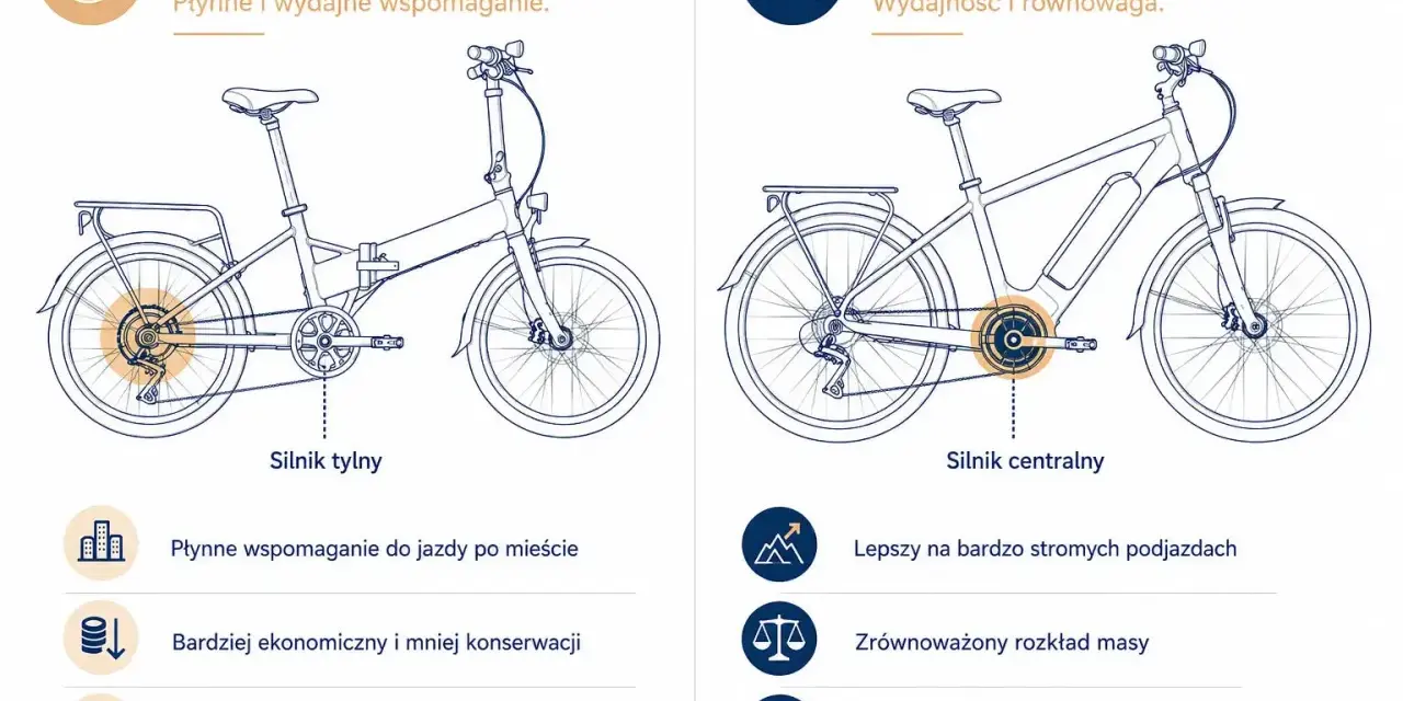Porównanie dwóch rodzajów rowerów: z silnikiem tylnym (do miasta, ekonomiczny) i centralnym (na podjazdy, sportowy).