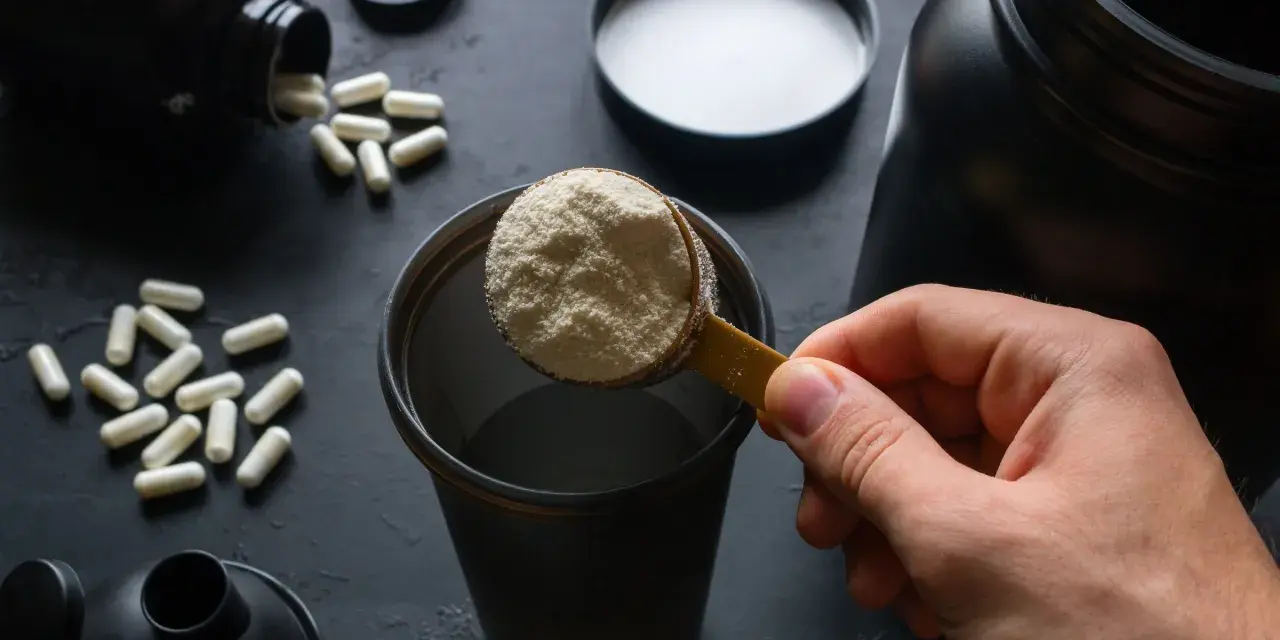 Łyżka białego proszku, czyli protein, trafia do shakera. Obok leżą kapsułki.