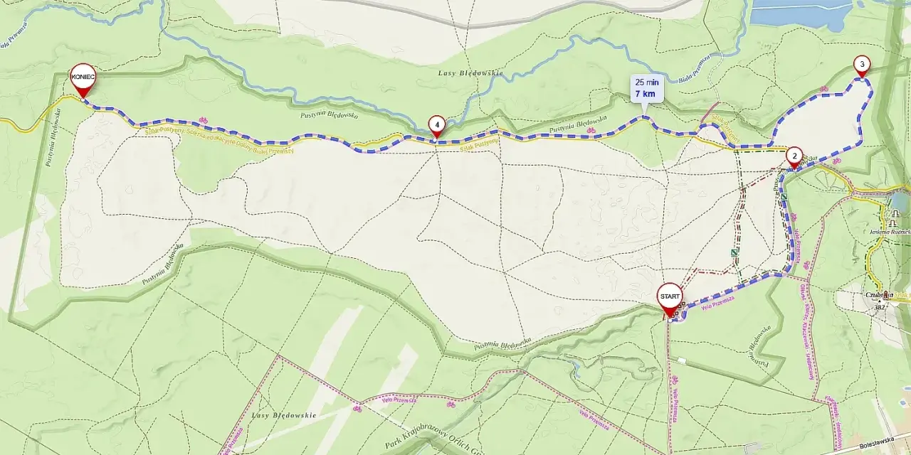 Mapa Pustyni Błędowskiej z zaznaczoną trasą rowerową Velo Przemsza. Start i meta oznaczone, punkty kontrolne 1-4.