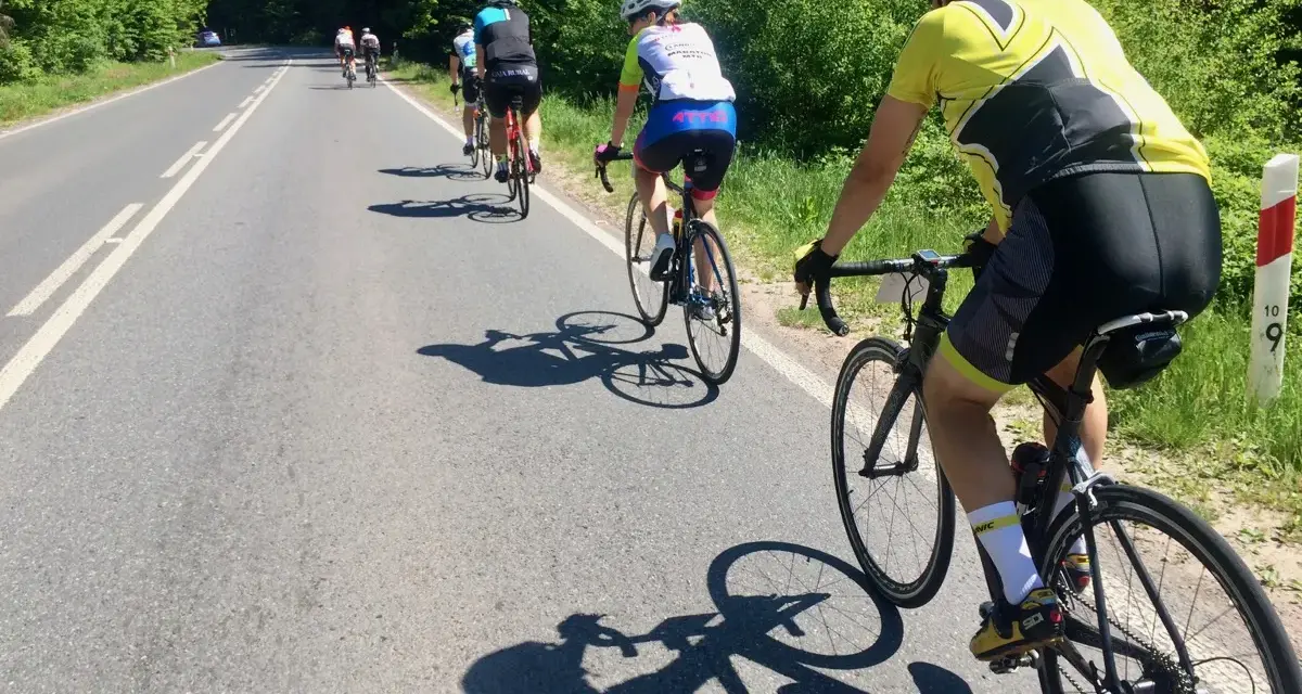 Grupa kolarzy na rajd rowerowy jedzie po asfaltowej drodze wśród zielonych drzew.