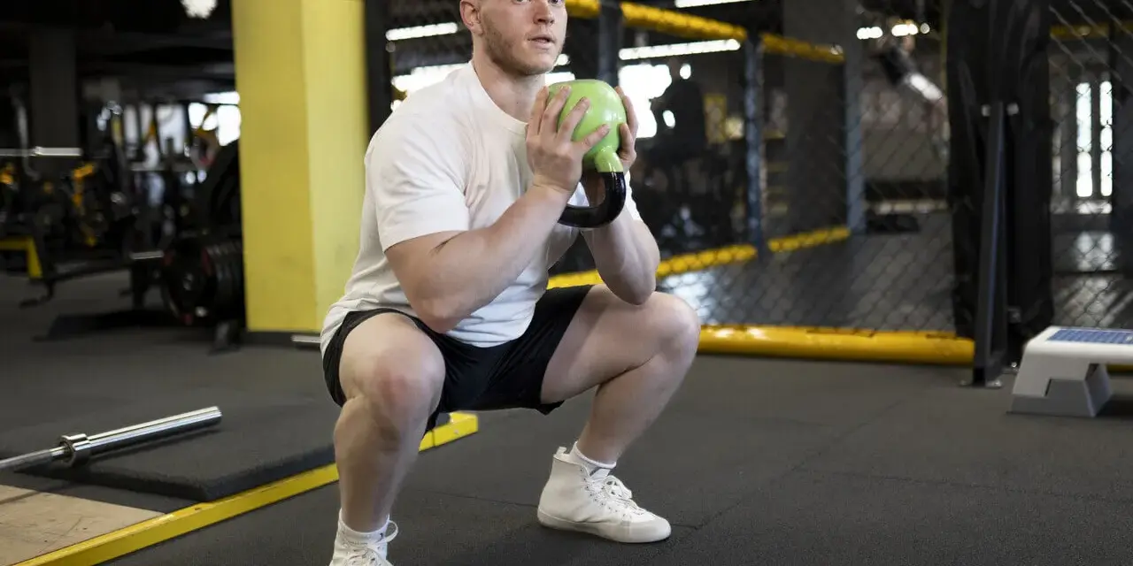 Mężczyzna w białej koszulce wykonuje przysiad z zielonym kettlebell, który przypomina kształtem puchar.