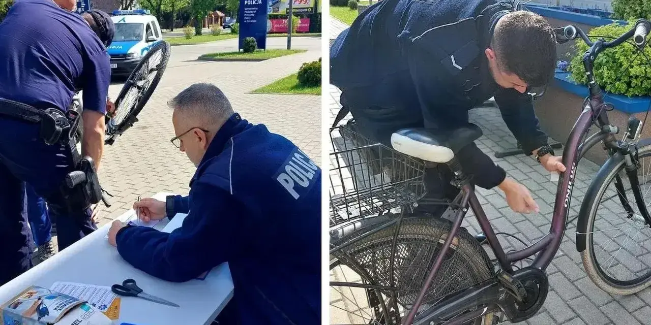 Policjanci przeprowadzają rejestrację rowerów. Na jednym zdjęciu funkcjonariusz spisuje dane, na drugim znakuje rower.