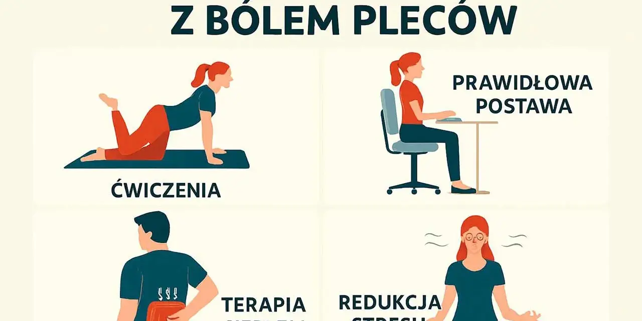 Grafika pokazuje cztery sposoby na ból pleców: ćwiczenia, prawidłowa postawa przy biurku, terapia ciepłem i redukcja stresu.