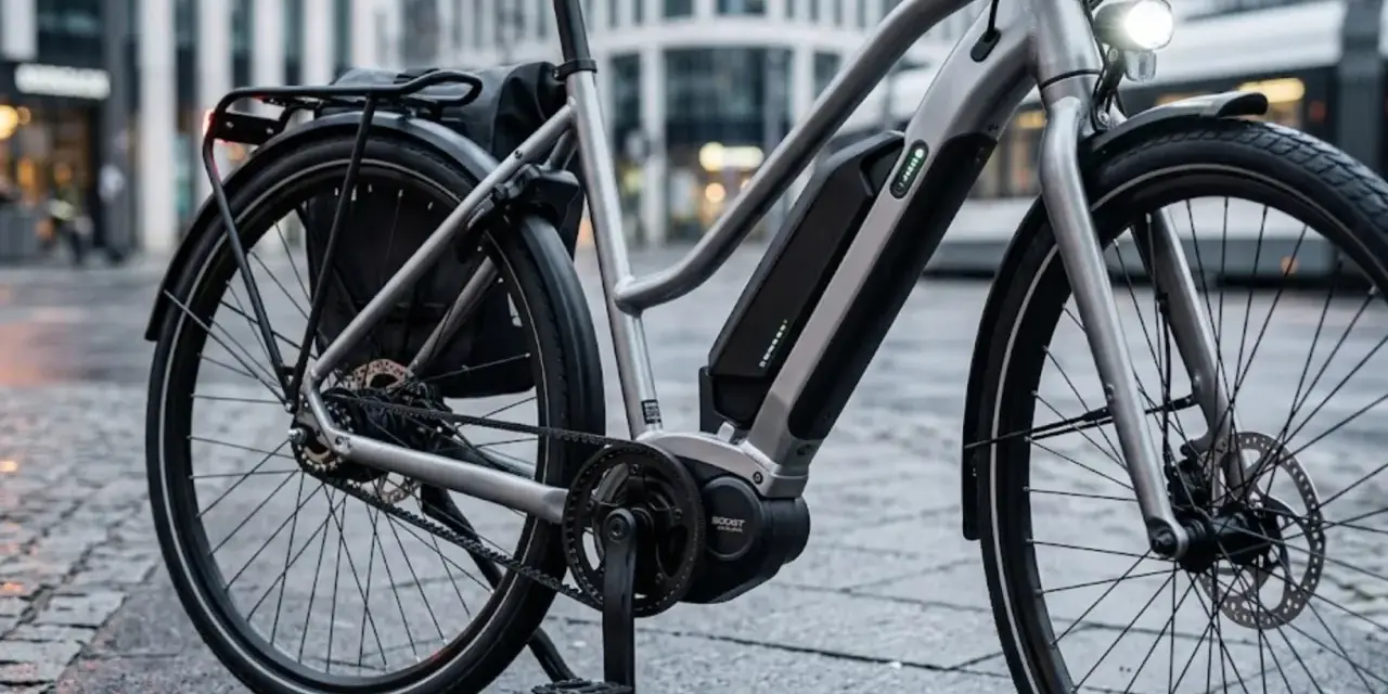 Nowy, srebrny rower elektryczny z bagażnikiem i sakwą, gotowy na miejskie wyzwania. Jaki rower elektryczny wybrać? Ten wygląda świetnie!