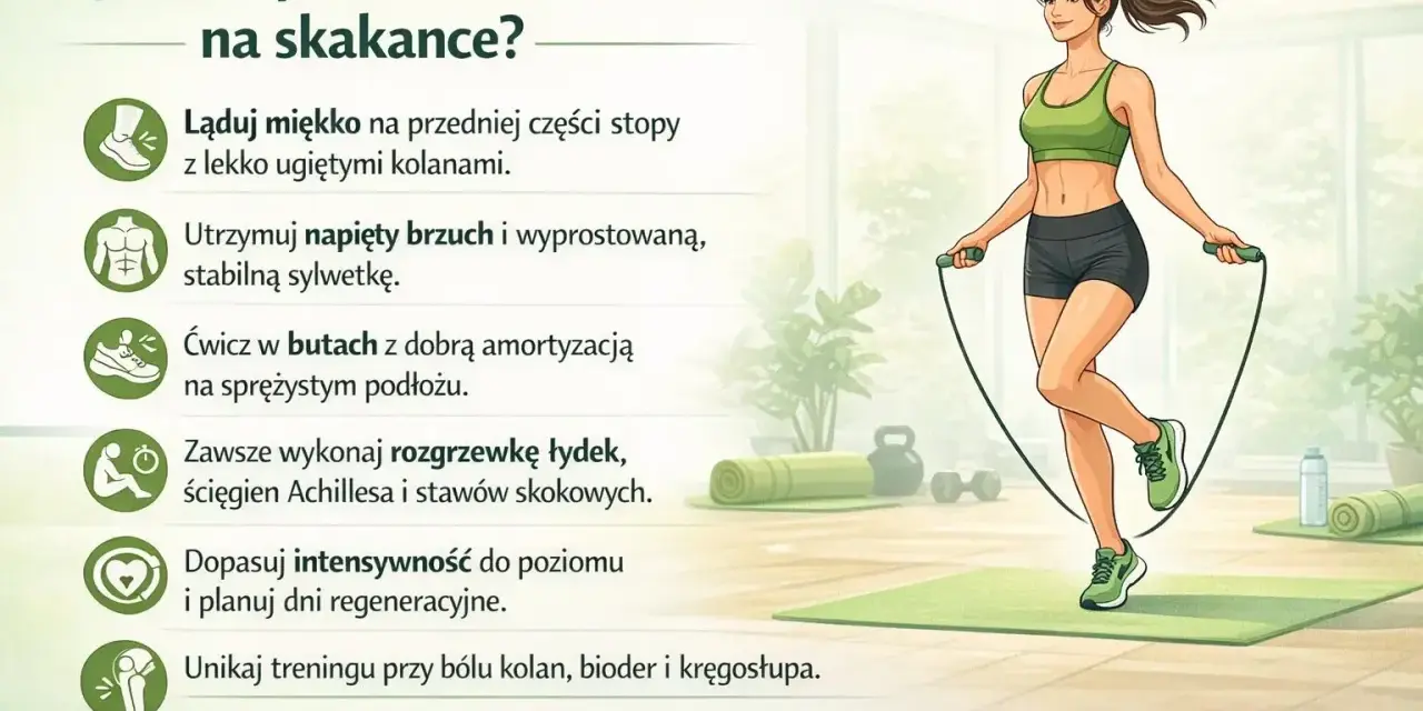 Kobieta ćwiczy skakanie na skakance, dbając o prawidłową technikę i bezpieczeństwo.