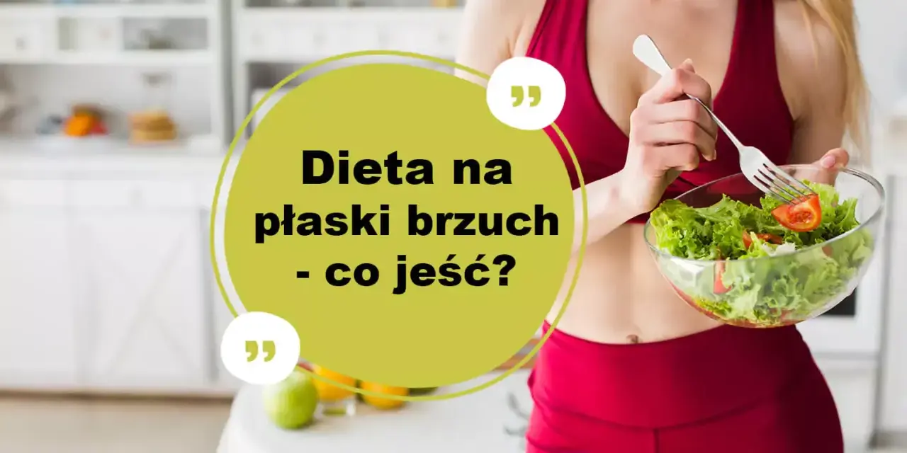 Kobieta w czerwonym stroju sportowym je sałatkę. Tekst: "Dieta na płaski brzuch - co jeść?".