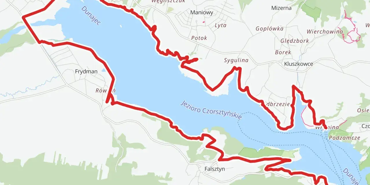 Trasa velo Dunajec wokół Jeziora Czorsztyńskiego, prowadząca przez malownicze tereny z widokiem na Dunajec.