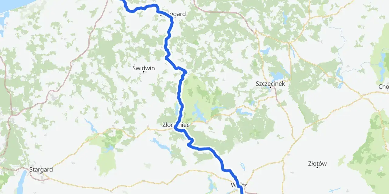 Mapa z zaznaczoną trasą rowerową od Kołobrzegu przez Złocieniec do Wałcza.
