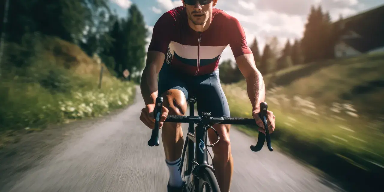 Kolarz w okularach i sportowym stroju pokonuje podjazd. Intensywny split trening na górskiej drodze.
