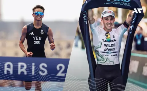 Dwóch zawodników triathlonu, Alex Yee i Hayden Wilde, po pokonaniu trudnego dystansu.