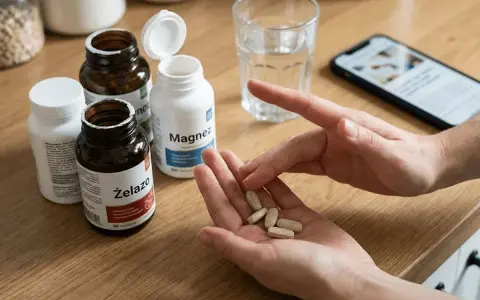 Ręce trzymające tabletki, obok butelki z napisem "Żelazo" i "Magnez". Warto wiedzieć, jakich witamin nie łączyć, by uniknąć problemów.