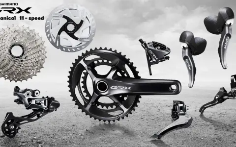 Komponenty rowerowe Shimano GRX: kaseta, korba, przerzutki, hamulce i manetki. Idealne do gravelowych wypraw.
