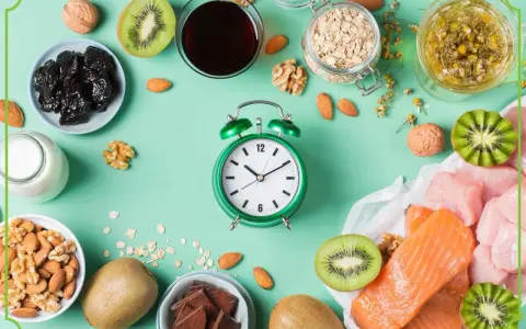 Zielony budzik obok produktów bogatych w tryptofan: łososia, indyka, kiwi, orzechów, migdałów, śliwek, mleka, owsa i czekolady. Zastanawiasz się, po jakim czasie działa tryptofan?