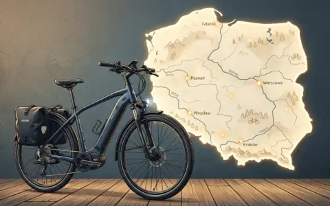 Czy rower elektryczny jest pojazdem mechanicznym? Ten rower z sakwami na tle mapy Polski sugeruje podróż po kraju.