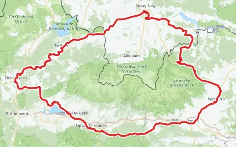 Mapa z zaznaczoną czerwoną trasą rowerową velo czorsztyn, prowadzącą przez Tatry i Niskie Tatry.