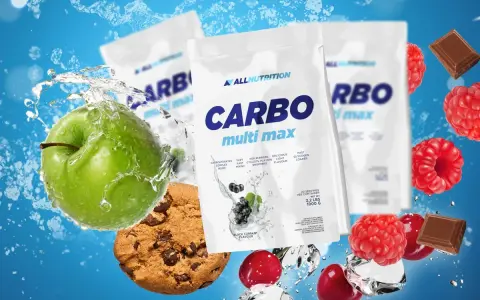 Opakowania odżywki CARBO multi max, zielone jabłko, ciastko z czekoladą, maliny i kostki lodu.