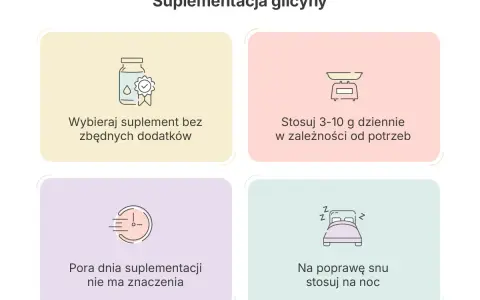 Wskazówki dotyczące suplementacji glicyny: wybieraj czyste suplementy, stosuj 3-10g dziennie, pora dnia nie ma znaczenia, na sen stosuj na noc. Glicyna skutki uboczne są rzadkie przy prawidłowym dawkowaniu.