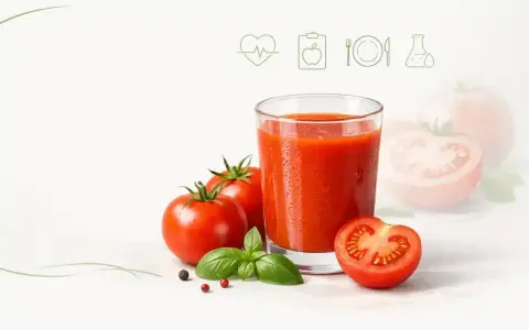 Szklanka soku pomidorowego, pomidory i bazylia. Czy sok pomidorowy jest zdrowy? Ikony symbolizujące zdrowie i dietę.