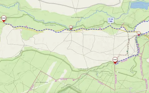 Mapa Pustyni Błędowskiej z zaznaczoną trasą rowerową Velo Przemsza. Start i meta oznaczone, punkty kontrolne 1-4.