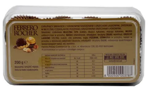Opakowanie Ferrero Rocher z informacją o wartościach odżywczych. 100g zawiera 2506/603 kcal.