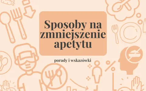 Sposoby na zmniejszenie apetytu: porady i wskazówki. Grafika przedstawia ikony związane z jedzeniem i kontrolą wagi.
