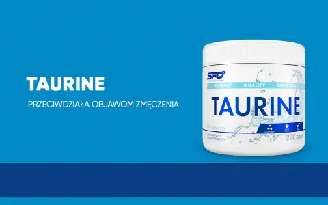 Biały pojemnik z suplementem diety Taurine, który przeciwdziała objawom zmęczenia. Idealny dla sportowców.