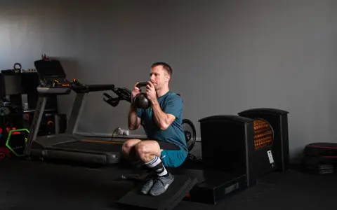 Mężczyzna wykonuje głęboki **squat** z kettlebell w rękach, ćwicząc siłę w siłowni.