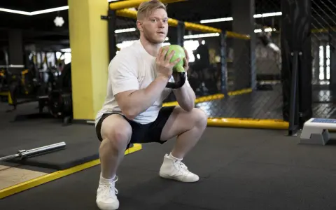 Mężczyzna w białej koszulce wykonuje przysiad z zielonym kettlebell, który przypomina kształtem puchar.