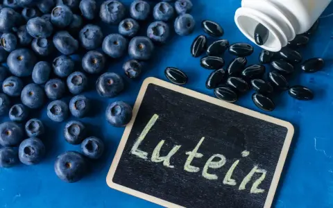 Borówki i kapsułki suplementu diety. Na tabliczce napis "Lutein". Luteina na co? Na zdrowie oczu!