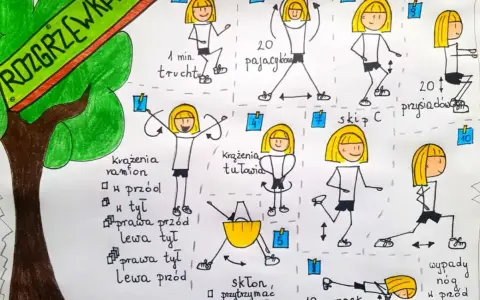Rysunek przedstawia zestaw ćwiczeń na rozgrzewkę: pajacyki, skipy, przysiady, wypady, pompki i krążenia ramion.