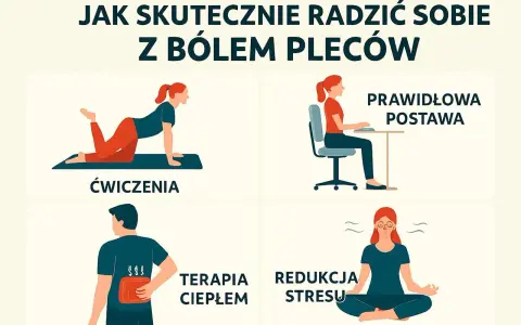 Grafika pokazuje cztery sposoby na ból pleców: ćwiczenia, prawidłowa postawa przy biurku, terapia ciepłem i redukcja stresu.