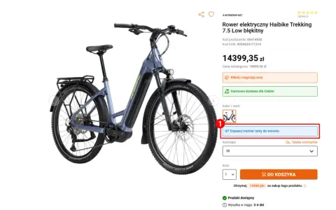 Błękitny rower elektryczny Haibike Trekking 7.5 Low. Wybierz rozmiar ramy dopasowany do wzrostu, np. 18 cali.