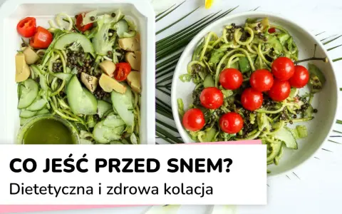 Dwie porcje lekkostrawnej kolacji: sałatka z cukinii, pomidorków i soczewicy. Idealna na wieczór.