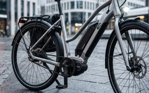 Nowy, srebrny rower elektryczny z bagażnikiem i sakwą, gotowy na miejskie wyzwania. Jaki rower elektryczny wybrać? Ten wygląda świetnie!