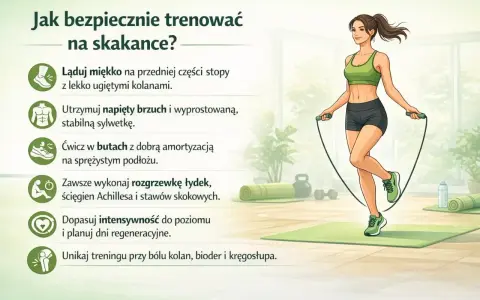 Kobieta ćwiczy skakanie na skakance, dbając o prawidłową technikę i bezpieczeństwo.