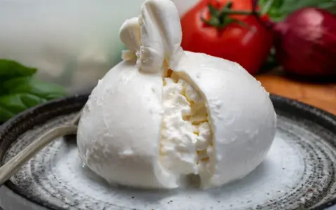 Pyszna burrata na talerzu, z pomidorem i cebulą w tle. Zastanawiasz się nad burrata kcal?