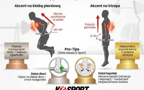 Pancerne **dipy**: porównanie akcentu na klatkę piersiową (pochylenie 30-45°) i triceps (pozycja pionowa). Wskazówki dotyczące dłoni i łopatek.