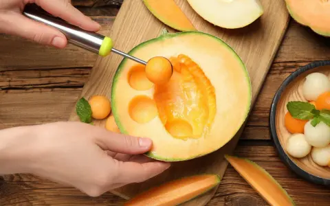 Ręka z gałkownicą wydobywa kulki z melona, ukazując jego soczyste wnętrze. Melon właściwości odżywcze czynią go idealnym na letnie orzeźwienie.