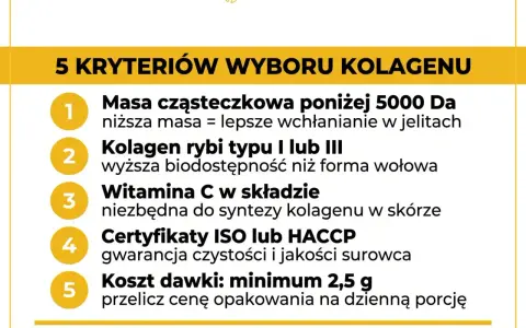 5 kryteriów wyboru kolagenu: masa cząsteczkowa, kolagen rybi, witamina C, certyfikaty, koszt dawki. Poznaj efekty stosowania kolagenu rybiego.