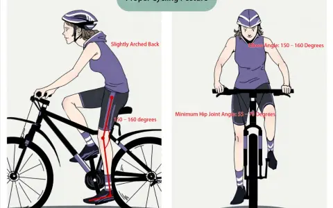 Prawidłowa postawa rowerzysty: lekko wygięte lędźwie, kąt łokcia 150-160 stopni, kąt stawu biodrowego 55-70 stopni.