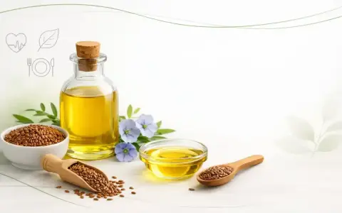 Olej lniany w butelce i miseczkach, nasiona lnu na łyżkach i w misce, niebieskie kwiaty lnu. Czy olej lniany jest zdrowy? Tak, to bogactwo kwasów omega-3.