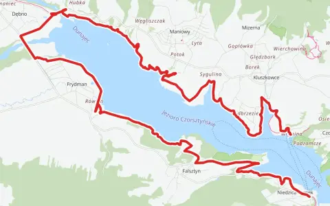 Trasa velo Dunajec wokół Jeziora Czorsztyńskiego, prowadząca przez malownicze tereny z widokiem na Dunajec.