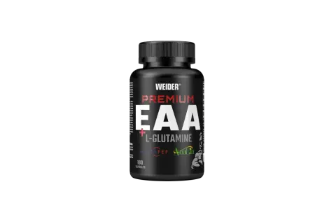 Czarny słoik suplementu Weider Premium EAA z L-glutaminą, 180 kapsułek.